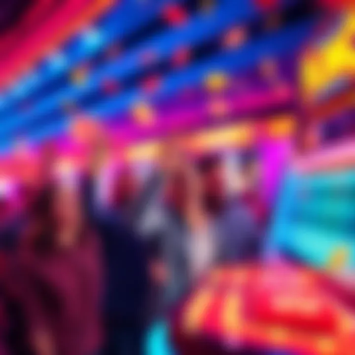 People celebrating back-to-back wins at a Plinko game with bright lights and colorful chips flying