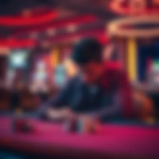 A tired individual sitting at a gambling table, staring blankly at their chips after losing money, showing signs of frustration and exhaustion
