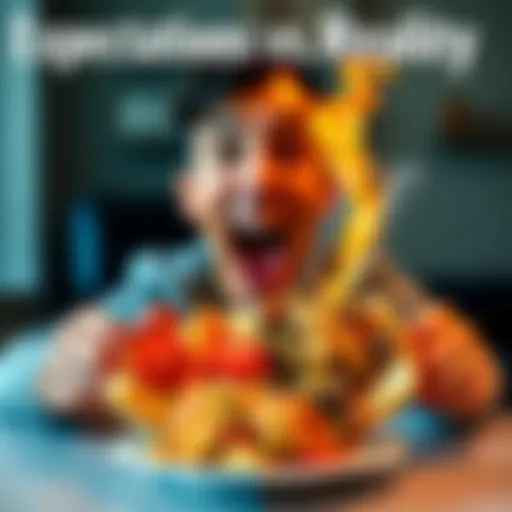 A split image showing a person excited about a perfect dish on one side and a messy plate on the other side, illustrating the gap between what we expect and what we actually receive.