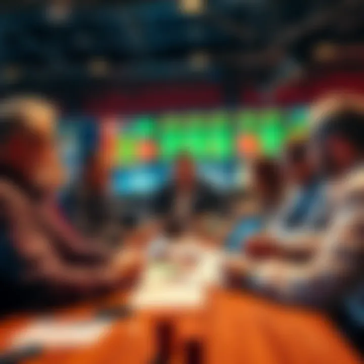 A group of people discussing betting strategies with charts and notes on a table.