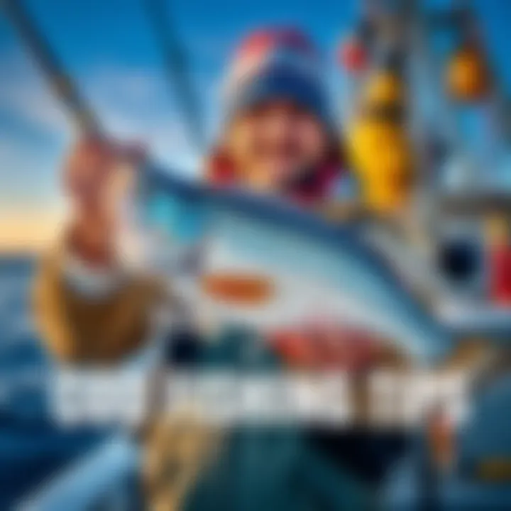 A fisherman holding a freshly caught cod fish with fishing gear in the background
