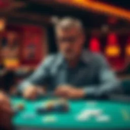 An experienced poker player giving advice at a card table with poker chips and cards