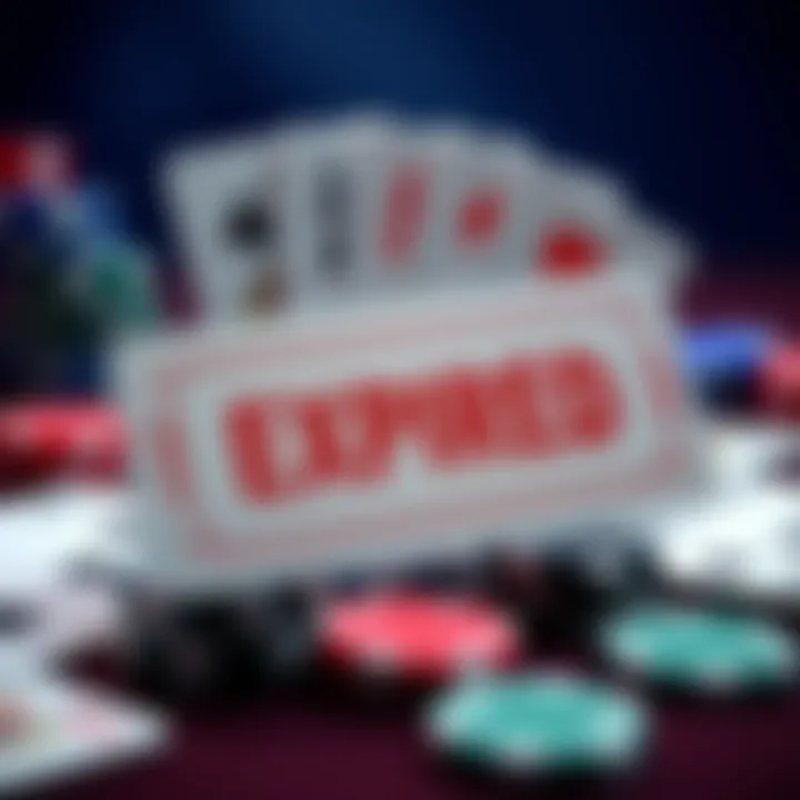 Expired Poker Ticket A poker ticket with the words 'Expired' stamped on it, surrounded by playing cards and poker chips, representing lost value.