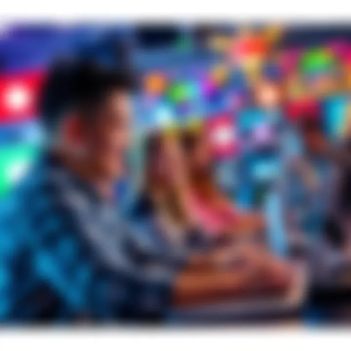 A person browsing on a laptop, comparing different online gaming sites with happy expressions. A fun atmosphere with gaming icons in the background.