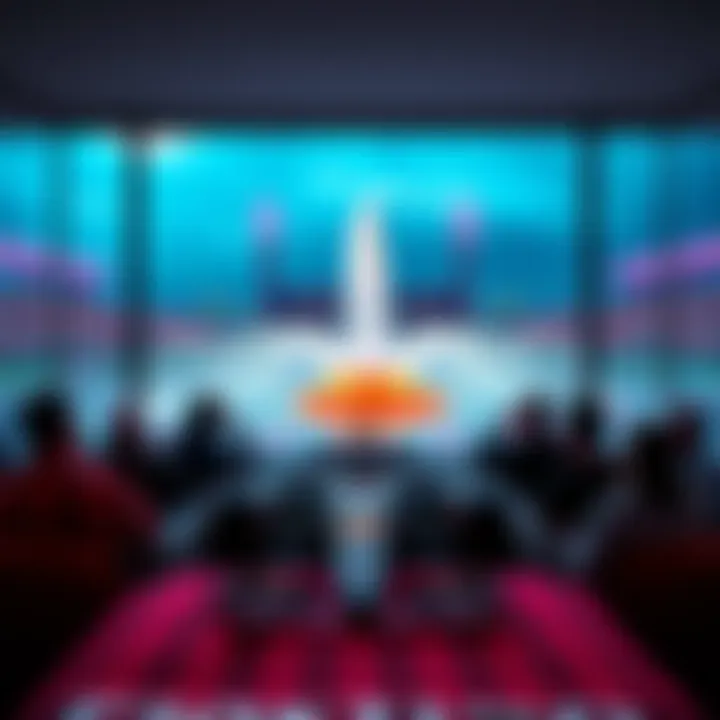 A group of Formula 1 fans in a hotel room with a view of a fountain during a race event