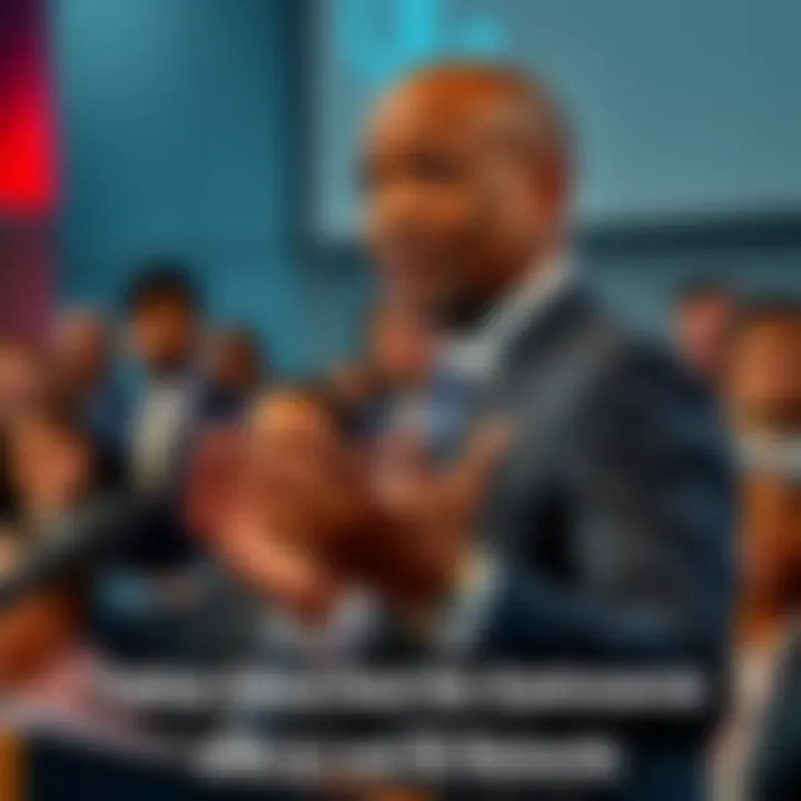 Fabian Edwards in a suit, gesturing as he speaks to a crowd, with a concerned audience in the background reacting to his comments.