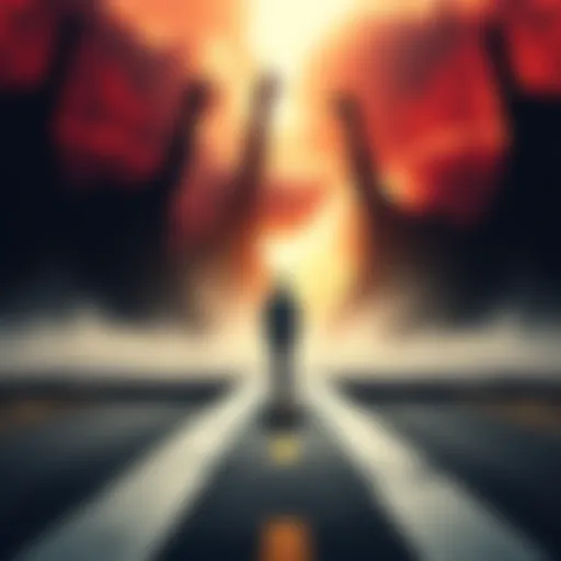 A person standing at a crossroads, looking ahead with determination while shadows of fear loom behind.