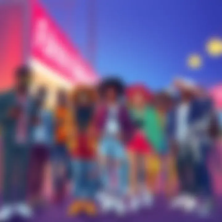 A vibrant group of diverse people expressing the Fahhh trend through fashion and style, showcasing colorful outfits and lively interactions.