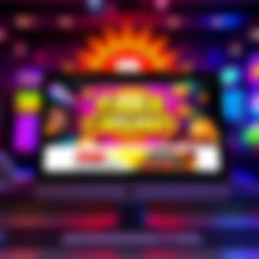 A computer screen displaying a colorful fake casino website promising big cash rewards. Bright graphics and flashing icons are visible, indicating gambling games.