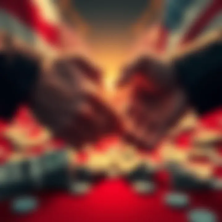 A broken handshake symbolizing a failed peace deal between Iran and the US, with money scattered around.