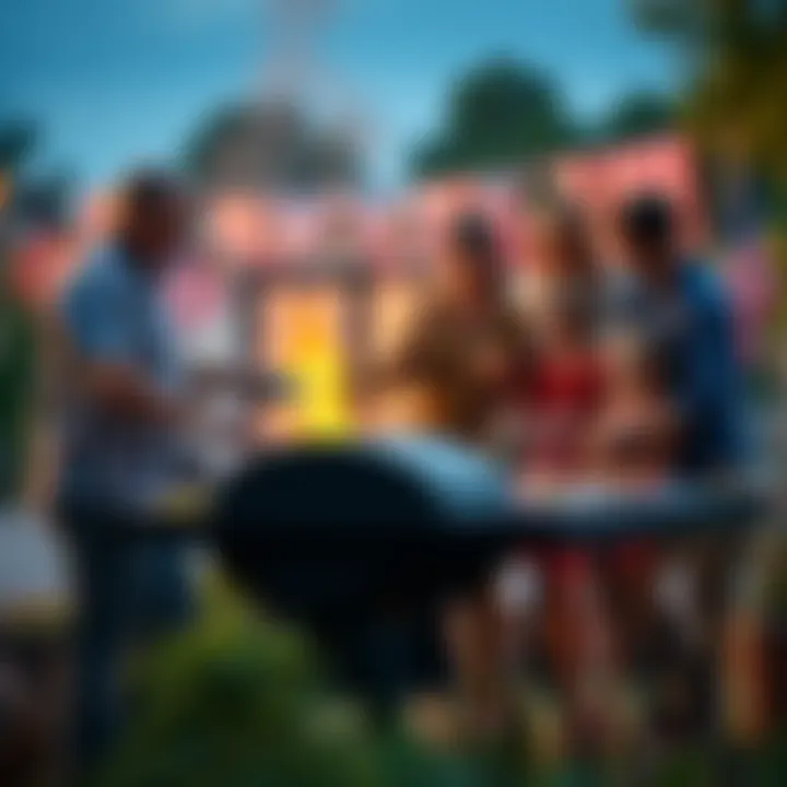 Family BBQ on 4th of July A family gathers around a grill, cooking hot dogs and burgers, with American flags in the background celebrating Independence Day.