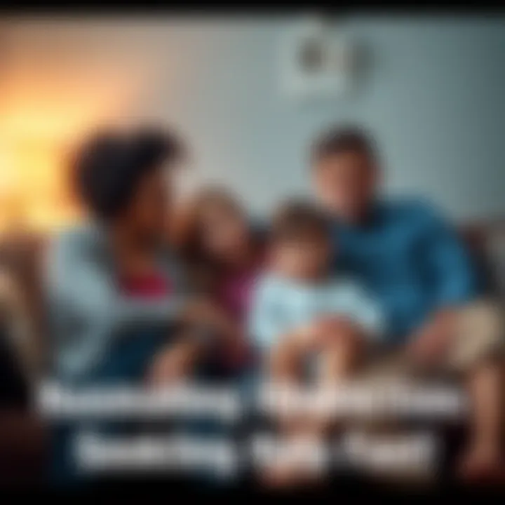 A worried family sits together on a couch, discussing the impact of a father's gambling addiction. Children look concerned while adults appear troubled, highlighting the emotional strain of addiction.