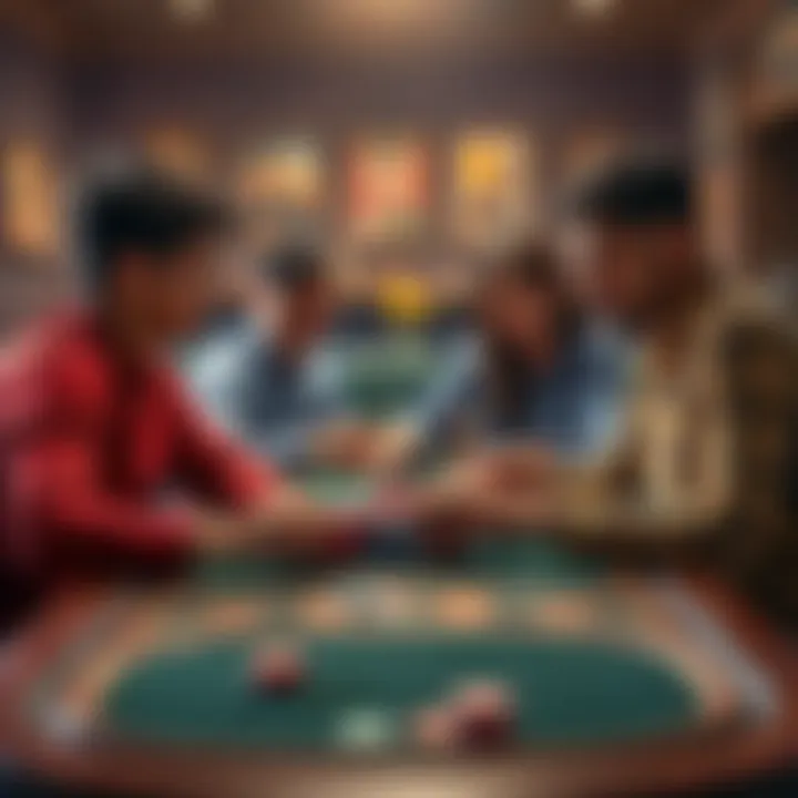 A family gathered around a table enjoying a poker game with chips and cards.