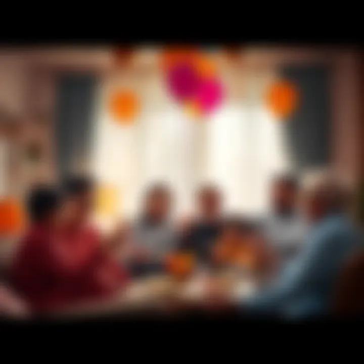 Family Celebration A joyful family gathered together in a living room, smiling and sharing a moment of pride as they celebrate their achievements with balloons and decorations.