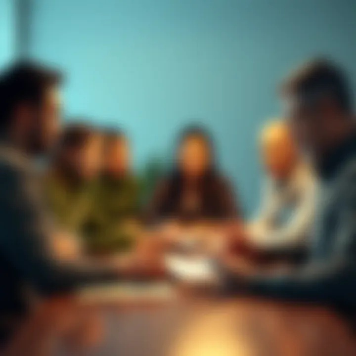 Family discussing earnings A family sitting around a table discussing financial earnings and expectations together, with papers and a calculator in front of them.