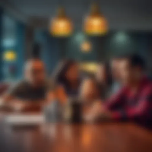 A family sitting at a table looking concerned while discussing their mother's gambling problems