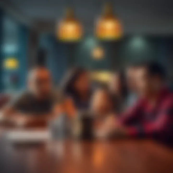 A family sitting at a table looking concerned while discussing their mother's gambling problems