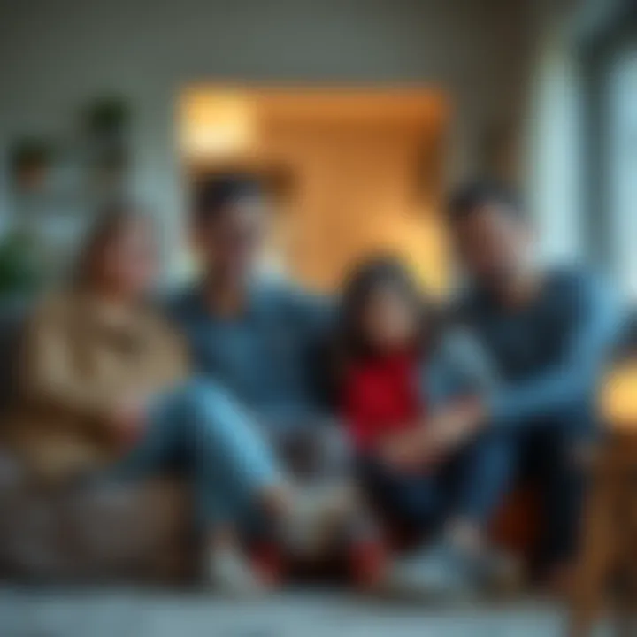 A concerned family sitting together at home, showing signs of financial stress, discussing their challenges, with a comforting atmosphere in the background.