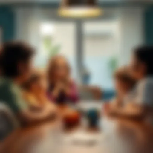 A family sitting together at the dining table, discussing the implications of winning a large lottery prize. The parents look thoughtful while their kids listen intently.