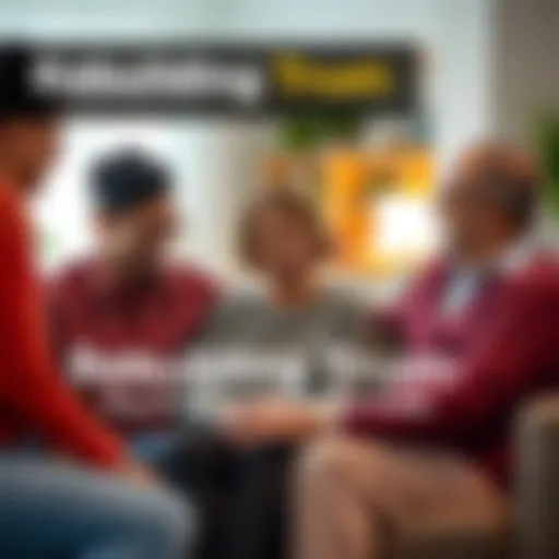 A group of family members sitting together, engaging in a conversation with supportive expressions, showing trust and care during a recovery process.