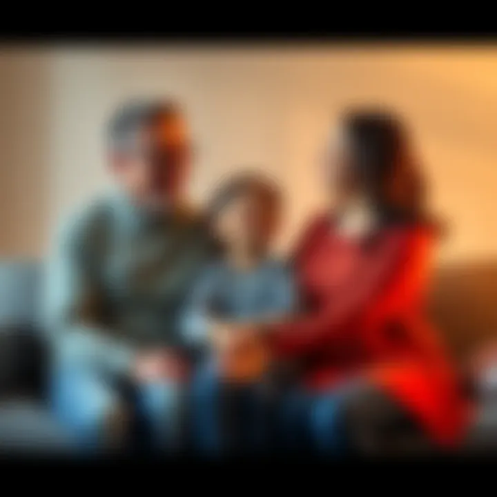 A family of three sitting together on a couch, holding hands, showing support and unity during a tough time, reflecting their journey of recovery and strength.