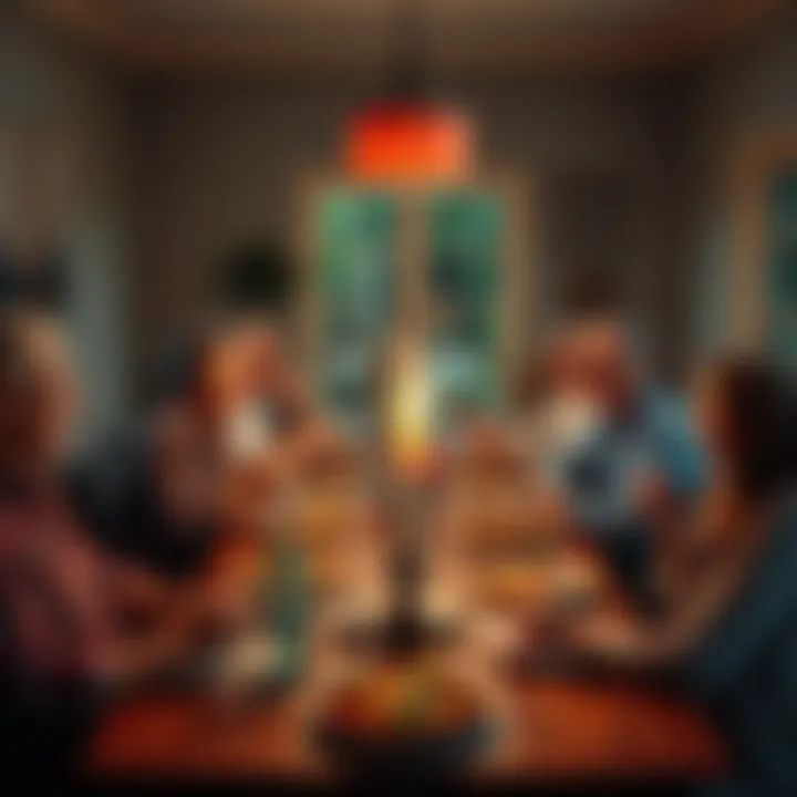 A warm family gathering around the dinner table, sharing laughs and stories, emphasizing love and connection