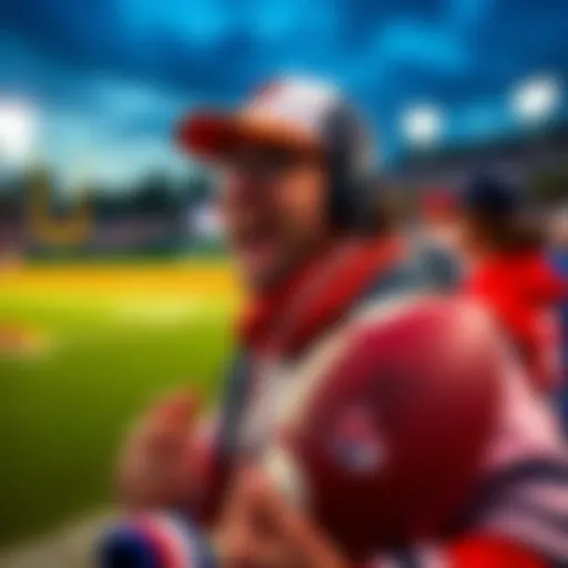 A baseball fan wearing team gear looks excited while holding a football, with a baseball field in the background.