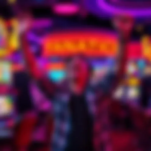 A person celebrating a big win at a casino, with colorful lights and slot machines in the background.