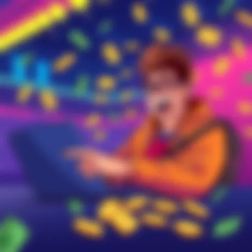 Illustration of a person excitedly checking their cashout on a laptop with money symbols around them