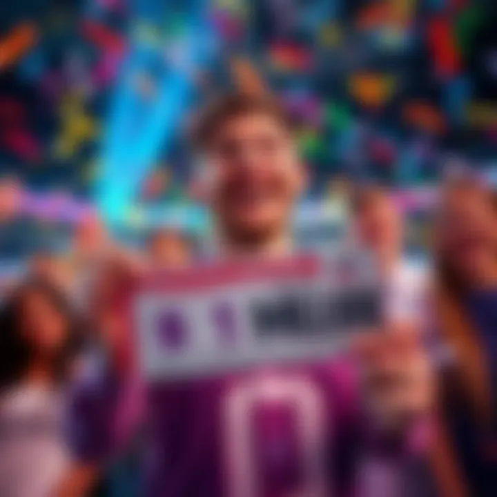 A happy winner holding a FanDuel TD Jackpot ticket celebrating a $1 million prize, surrounded by confetti and friends.