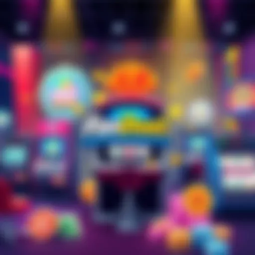 A vibrant illustration of a digital casino with various game icons and a slot machine, representing FanDuel Casino, showcasing excitement and variety.