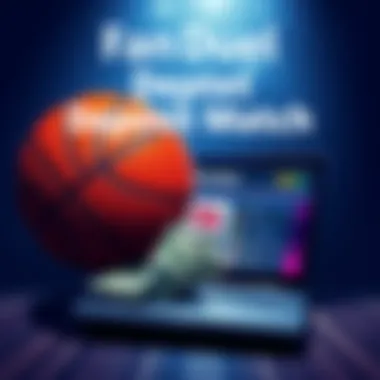 FanDuel Deposit Match Illustration of a basketball with cash and a laptop showing FanDuel betting site