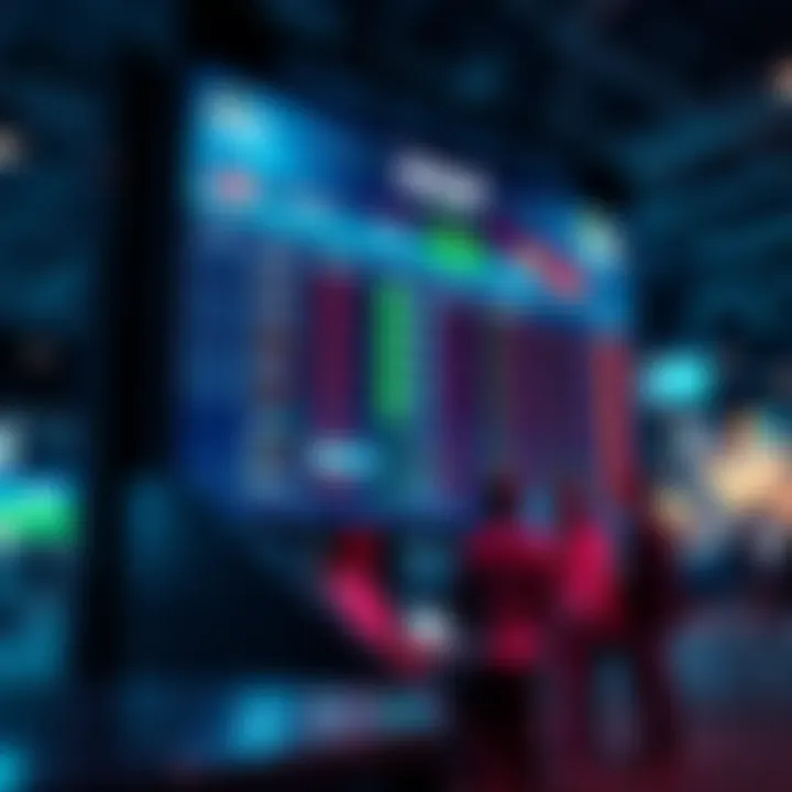 Golf betting odds on a screen A digital display showing FanDuel betting odds for golf events with people discussing nearby