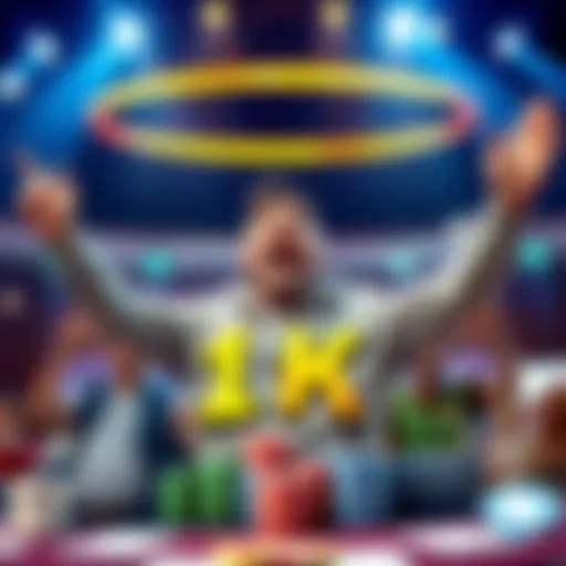 A happy FanDuel player celebrating their 1K payout with arms raised in joy, surrounded by gaming elements like cards and chips.
