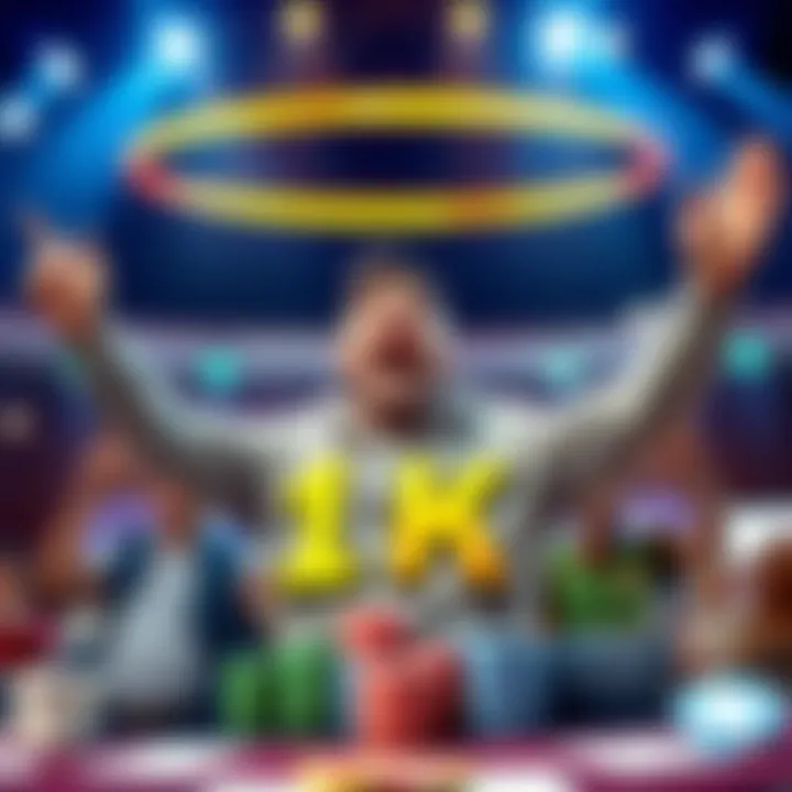 A happy FanDuel player celebrating their 1K payout with arms raised in joy, surrounded by gaming elements like cards and chips.
