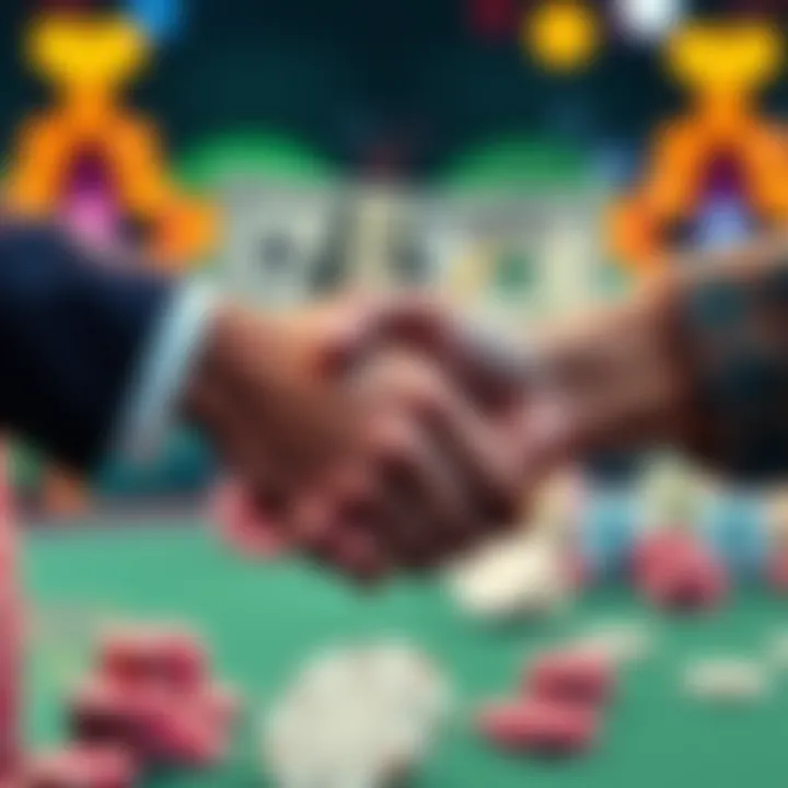 Two people shaking hands with casino chips and a $50 bill in the background, promoting a referral bonus on FanDuel Casino.