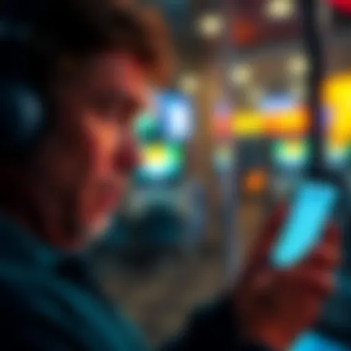 Gambler looking worried while checking bank transactions on a phone, with a FanDuel logo visible on the screen