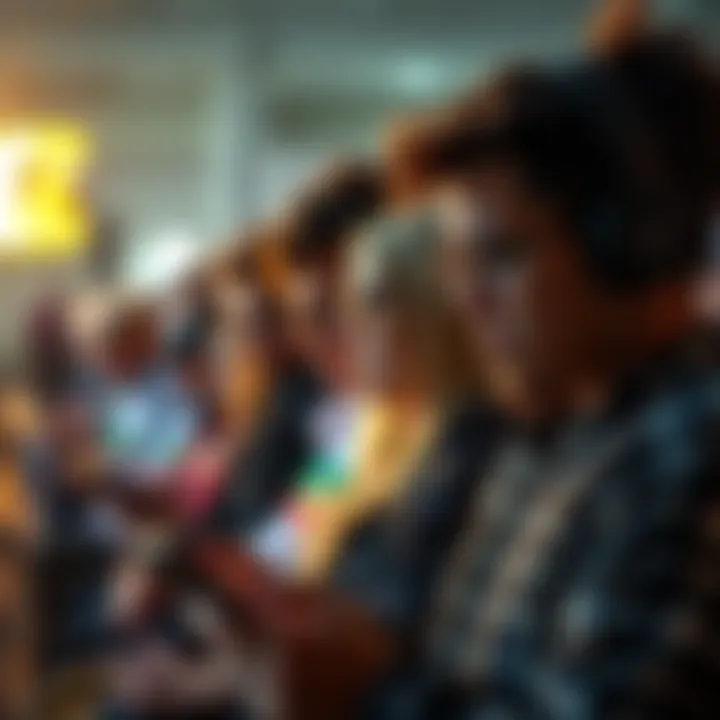 Group of frustrated fans looking at their devices, waiting for game results during a FanDuel event