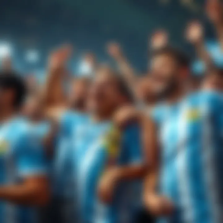 Group of fans wearing Argentina jerseys showing mixed emotions of joy and sadness after a match