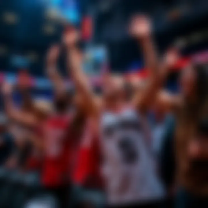Excited fans wearing Brunson jerseys celebrating after the game-winning shot at a basketball game