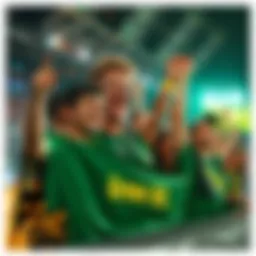 Excited fans cheering and holding banners after a recent big win