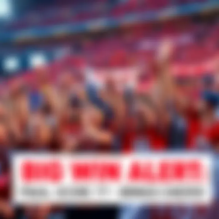 A crowd of enthusiastic fans cheering with banners and jerseys after a team wins a game with a score of 47-20