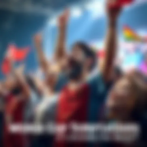 Group of enthusiastic fans wearing team jerseys, cheering and waving flags during a World Cup event