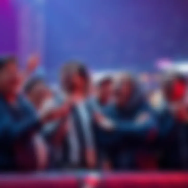 Group of excited fans discussing their mixed feelings about a surprising double tie result at an event.