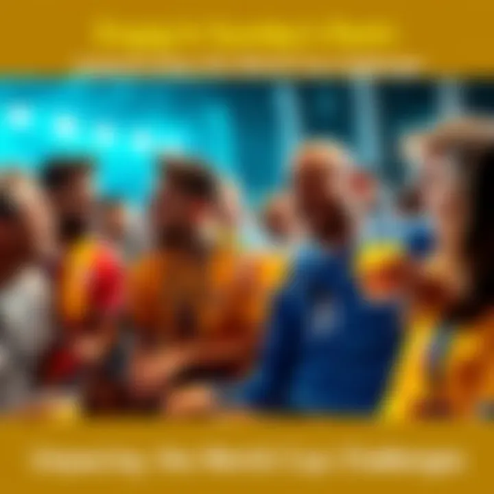 A group of soccer fans passionately discussing the challenges of the World Cup, holding drinks and wearing team jerseys