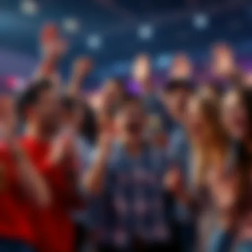 A group of enthusiastic fans celebrating and discussing their cash out predictions in a lively setting before a big game.