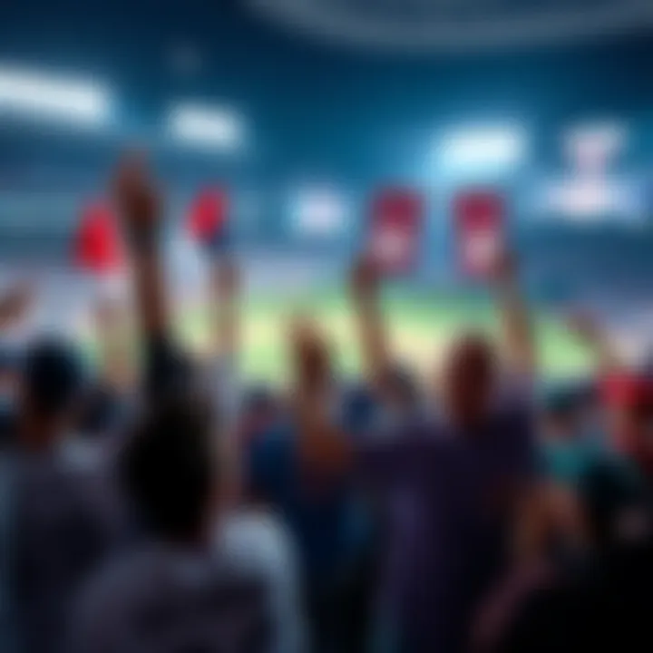Baseball fans cheering in a stadium, holding team banners and wearing jerseys, excited for the first win of the season.