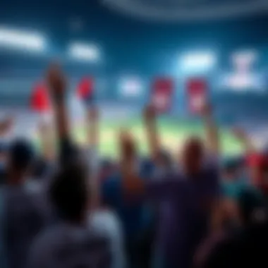 Fans Celebrating Baseball Baseball fans cheering in a stadium, holding team banners and wearing jerseys, excited for the first win of the season.
