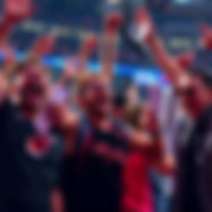 A group of fans joyfully celebrating a dramatic comeback in a basketball game while holding betting slips