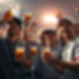 A group of baseball fans joyfully celebrating a home run during a game, with drinks raised and smiles on their faces.